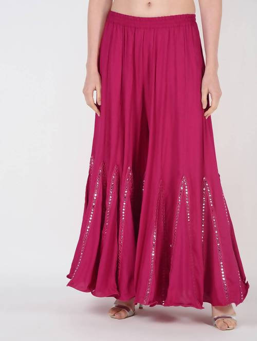 Mominos Fashion Magenta Viscose Rayon Flared Palazzo with Mirror Lace Work | Grab2Buy