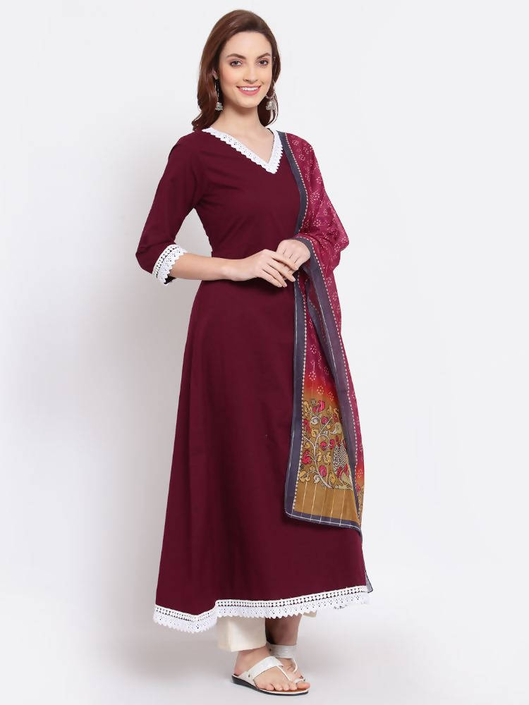 Myshka Women's Burgandy Printed Cotton Full Sleeve V Neck Casual Kurta Dupatta Set | Grab2Buy
