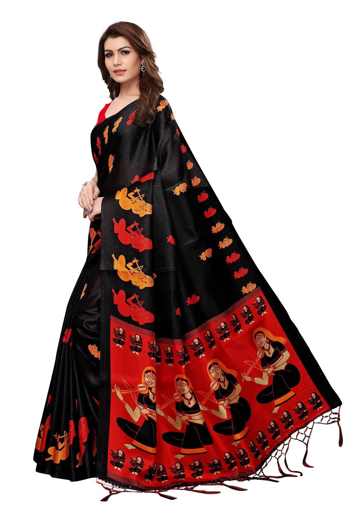 Vamika Black & Red Kalamkari With Jhalar Khadi Silk Saree | Grab2Buy