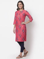 Myshka Women's Pink Printed 3/4 Sleeve Rayon Round Neck Casual Kurta | Grab2Buy
