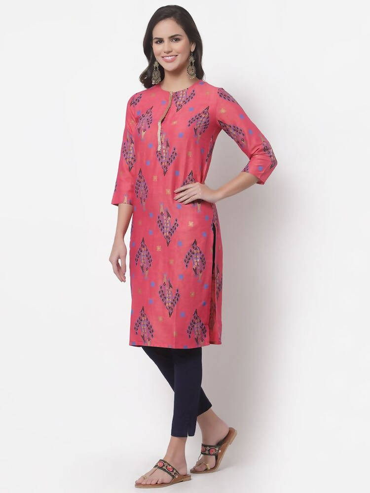 Myshka Women's Pink Printed 3/4 Sleeve Rayon Round Neck Casual Kurta | Grab2Buy