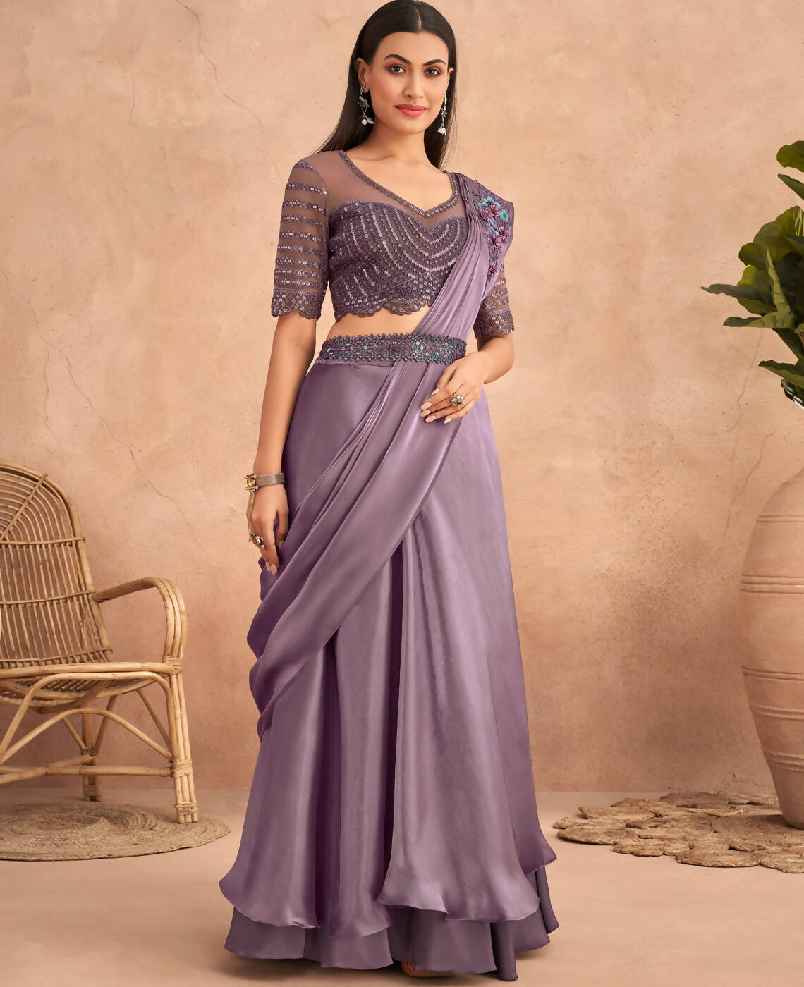 Purple Satin Embroidered Ready To Wear Saree With Unstitched Blouse Piece - Nandika | Grab2Buy