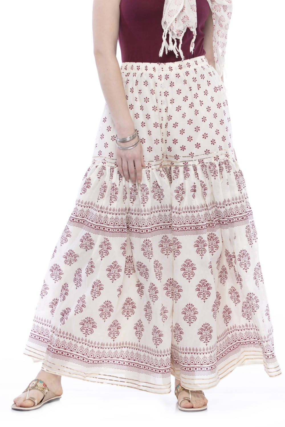 Mominos Fashion Cotton Block Print With Lace Work Off White Magenta Color Prints Palazzo | Grab2Buy