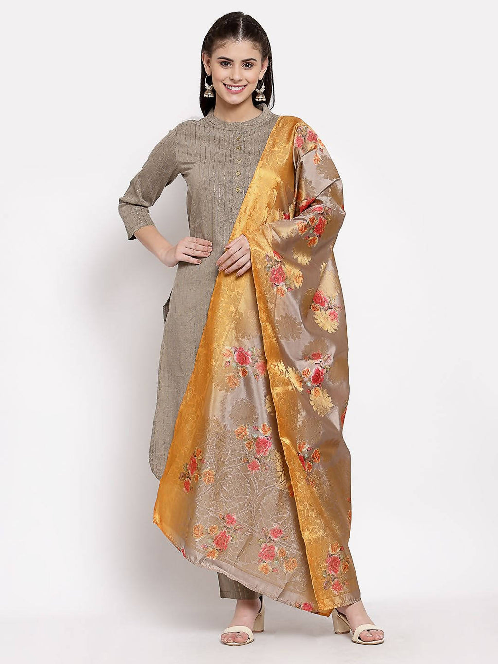 Myshka Women's Grey Cotton Solid 3/4 Sleeve Round Neck Casual Kurta Pant Dupatta Set | Grab2Buy