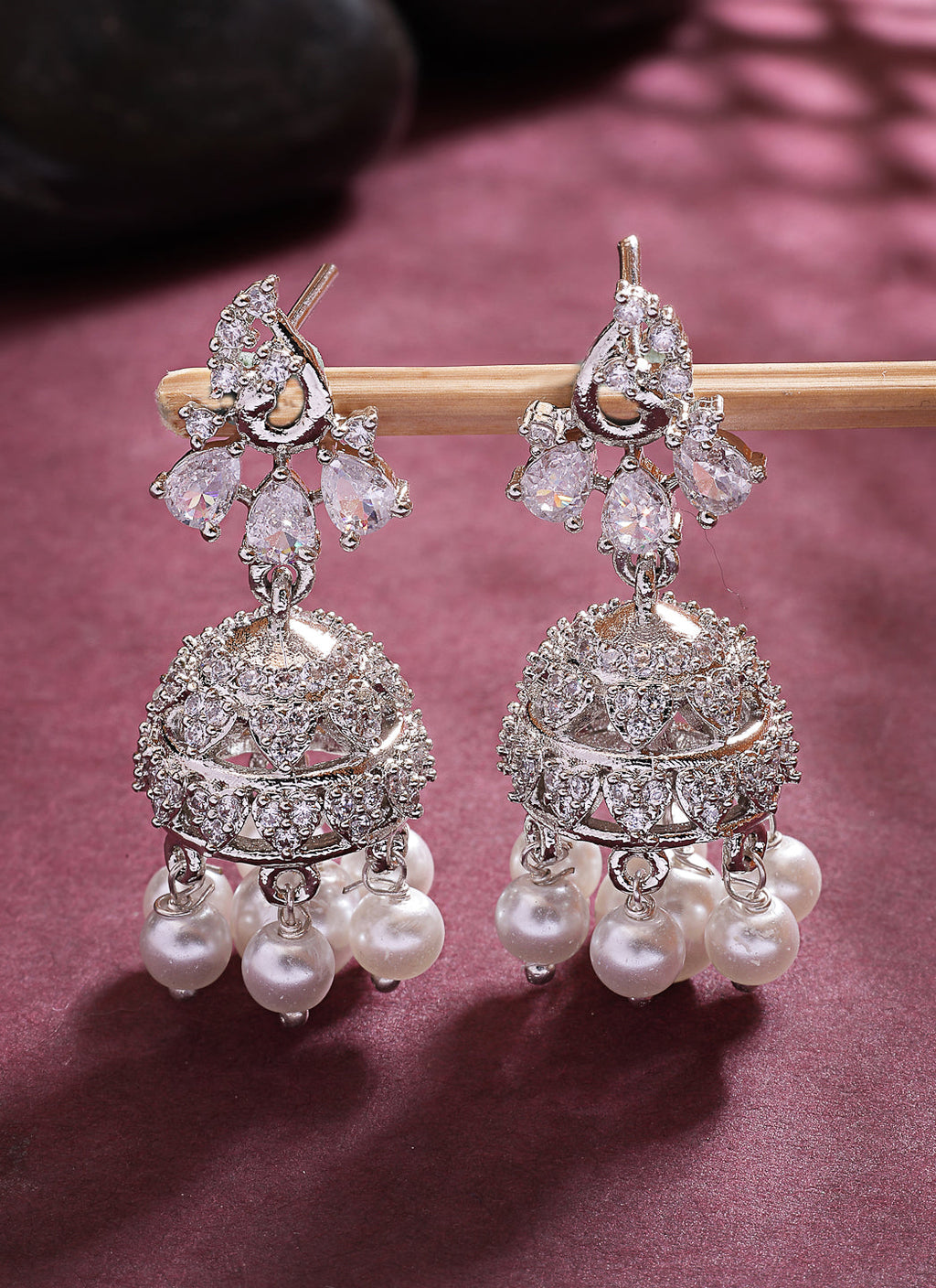 NVR Wome's Silver-Plated AD- Studded Jhumki Earrings | Grab2Buy