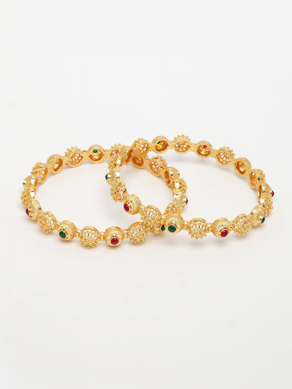 NVR Women's Set of 2 Gold-Polished Artificial Stones Traditional Bangles