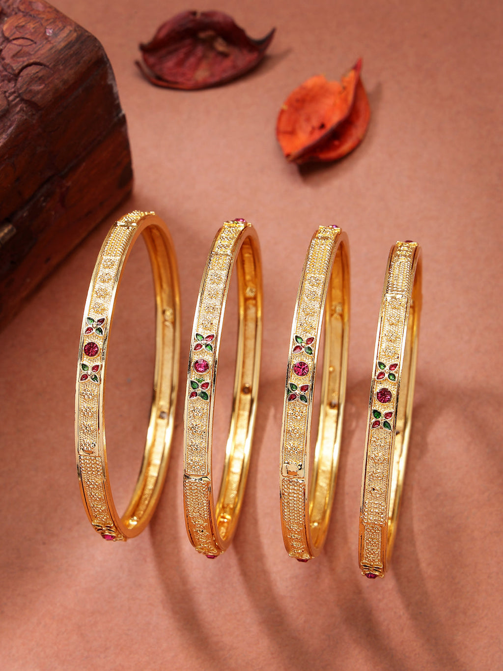 NVR Women's Set of 4 Gold-Polished Artificial Stones Traditional Bangles | Grab2Buy