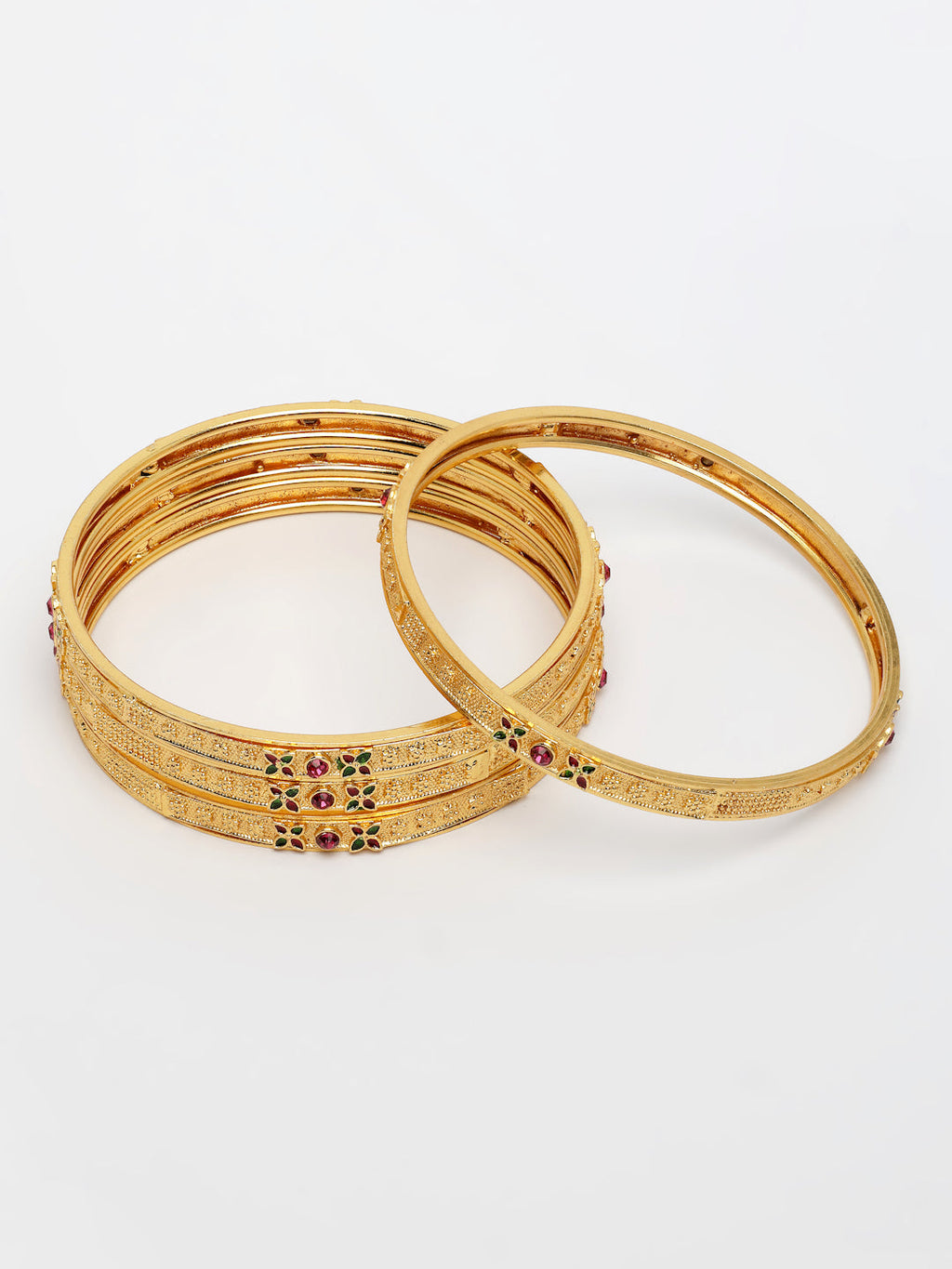 NVR Women's Set of 4 Gold-Polished Artificial Stones Traditional Bangles | Grab2Buy
