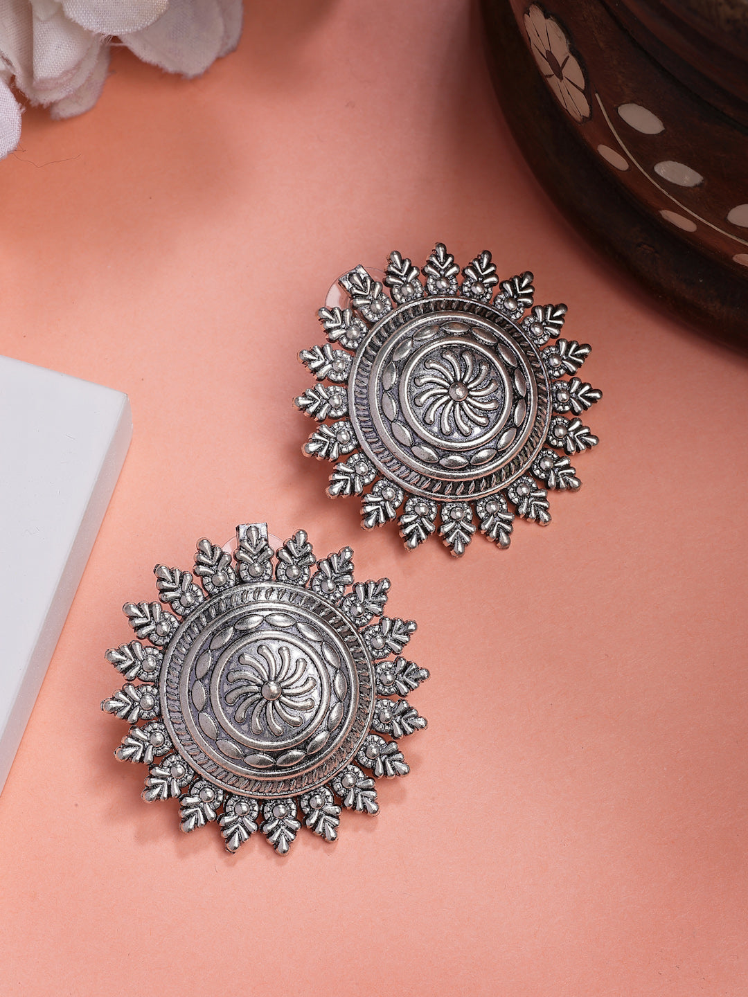 NVR Women Silver Plated Oxidized Circular Shape Stud Earrings | Grab2Buy