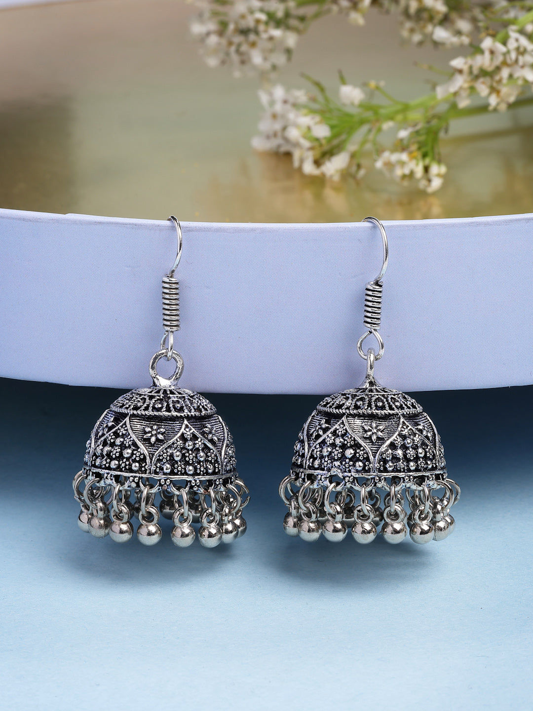 NVR Women German Silver Oxidized Floral Design Jhumka Earrings | Grab2Buy