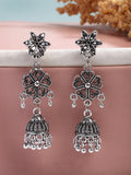 NVR Women Silver Toned Oxidized Floral Design Jhumka Earrings | Grab2Buy