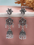 NVR Women Silver Toned Oxidized Floral Design Jhumka Earrings | Grab2Buy