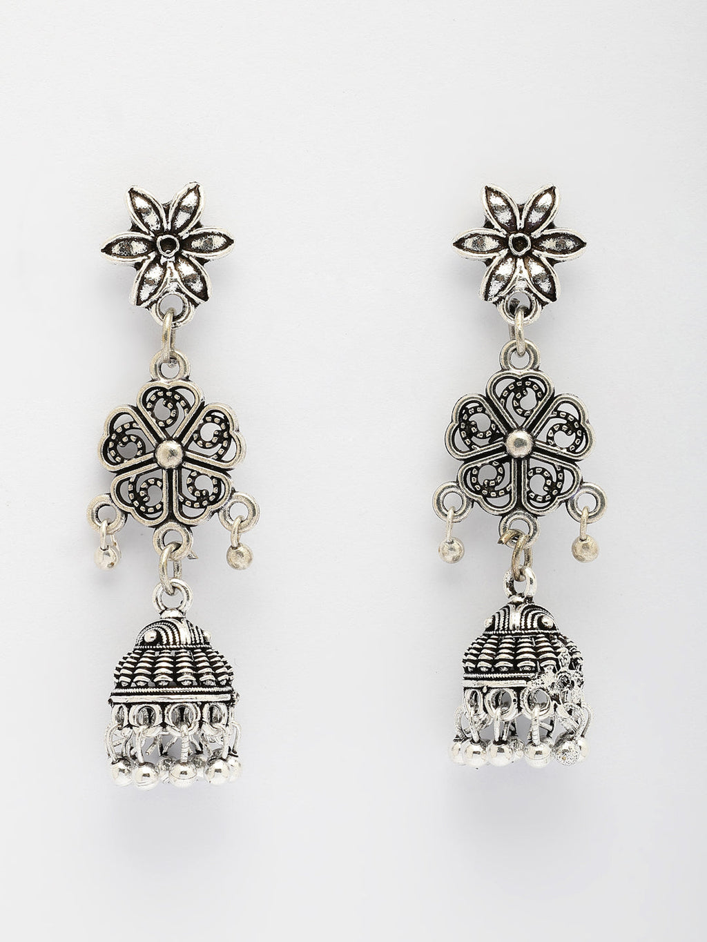 NVR Women Silver Toned Oxidized Floral Design Jhumka Earrings | Grab2Buy
