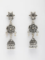 NVR Women Silver Toned Oxidized Floral Design Jhumka Earrings | Grab2Buy
