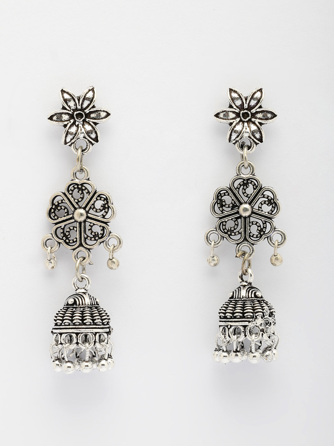 NVR Women Silver Toned Oxidized Floral Design Jhumka Earrings | Grab2Buy