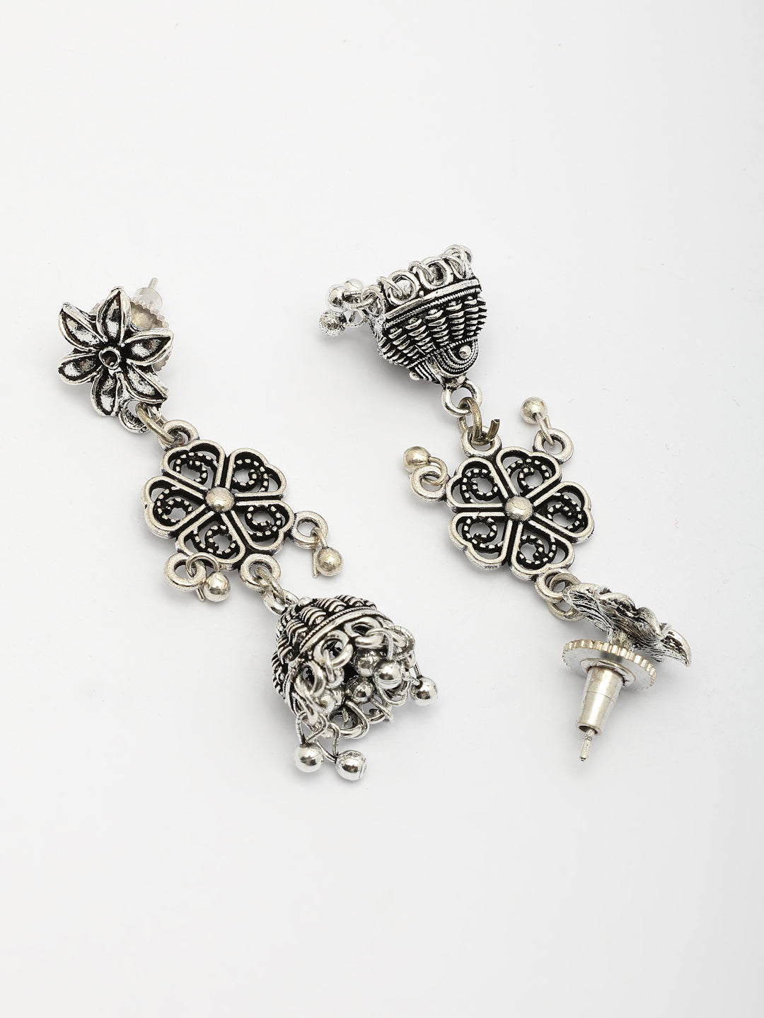 NVR Women Silver Toned Oxidized Floral Design Jhumka Earrings | Grab2Buy