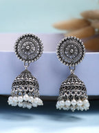 NVR Women's Oxidized Silver Plated White Artificial Beads Jhumka Earrings | Grab2Buy