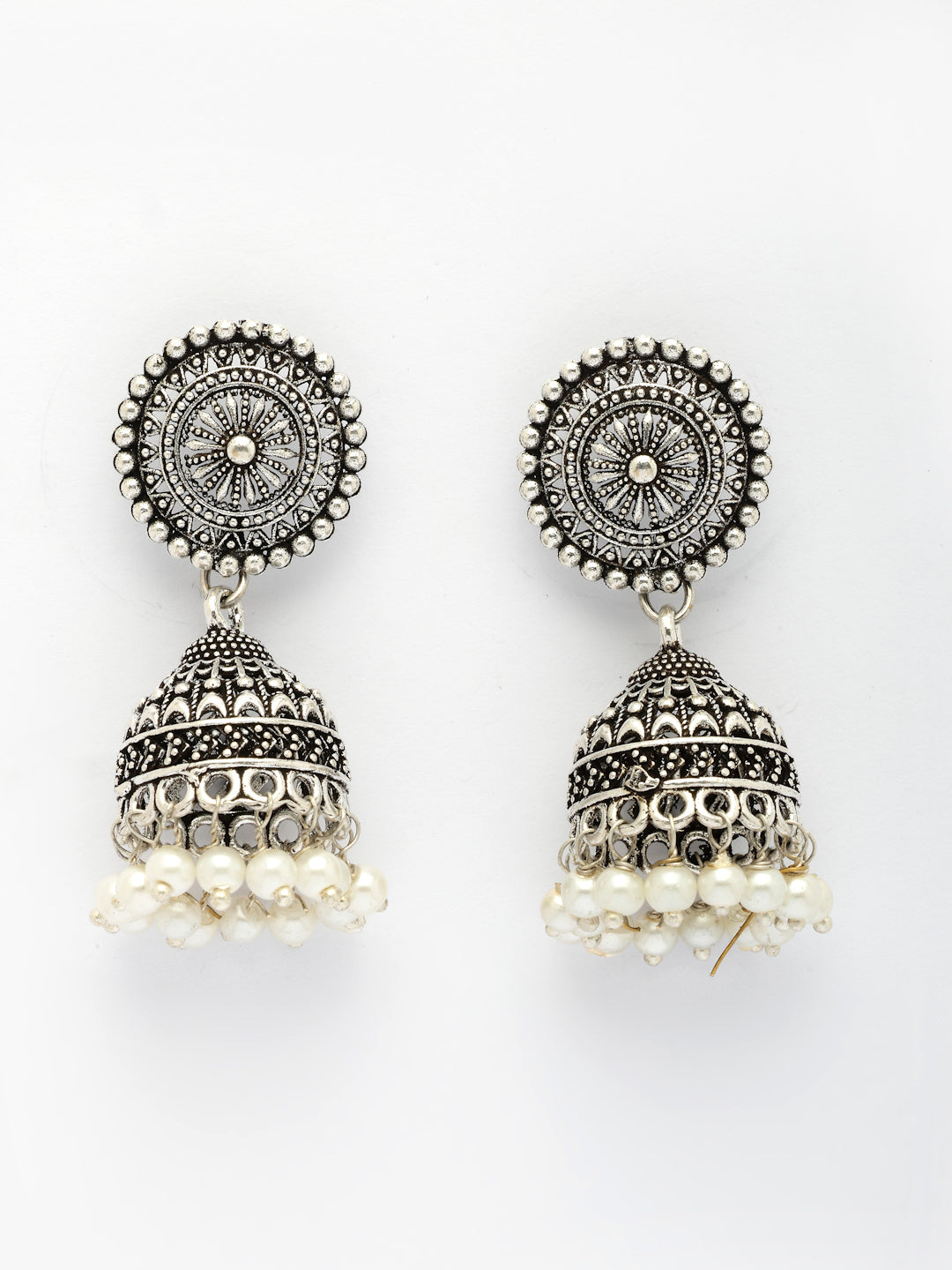 NVR Women's Oxidized Silver Plated White Artificial Beads Jhumka Earrings | Grab2Buy