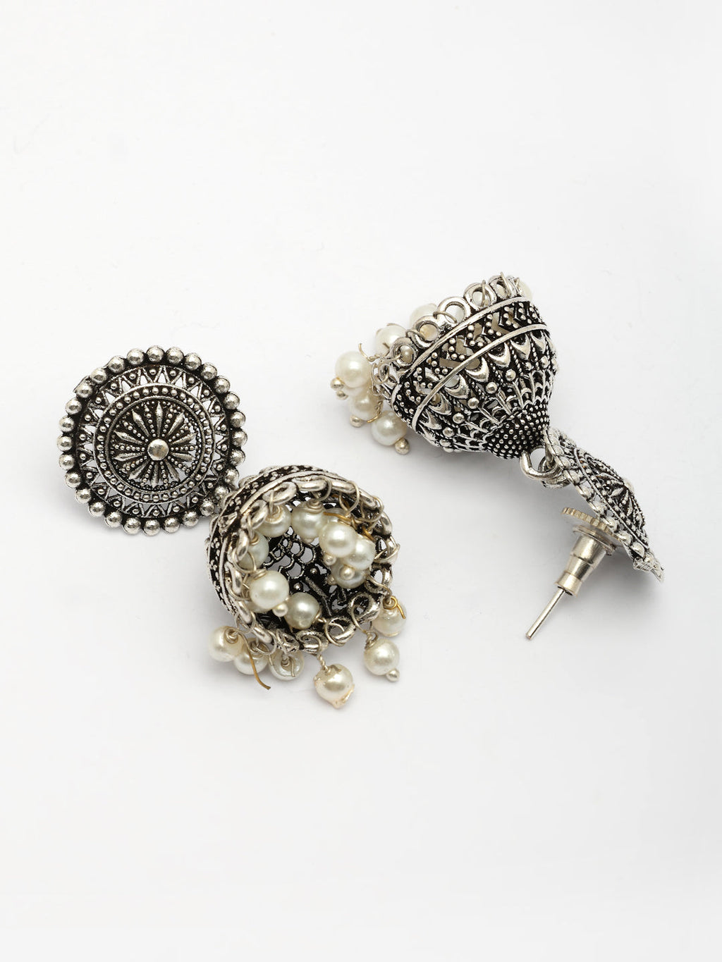 NVR Women's Oxidized Silver Plated White Artificial Beads Jhumka Earrings | Grab2Buy