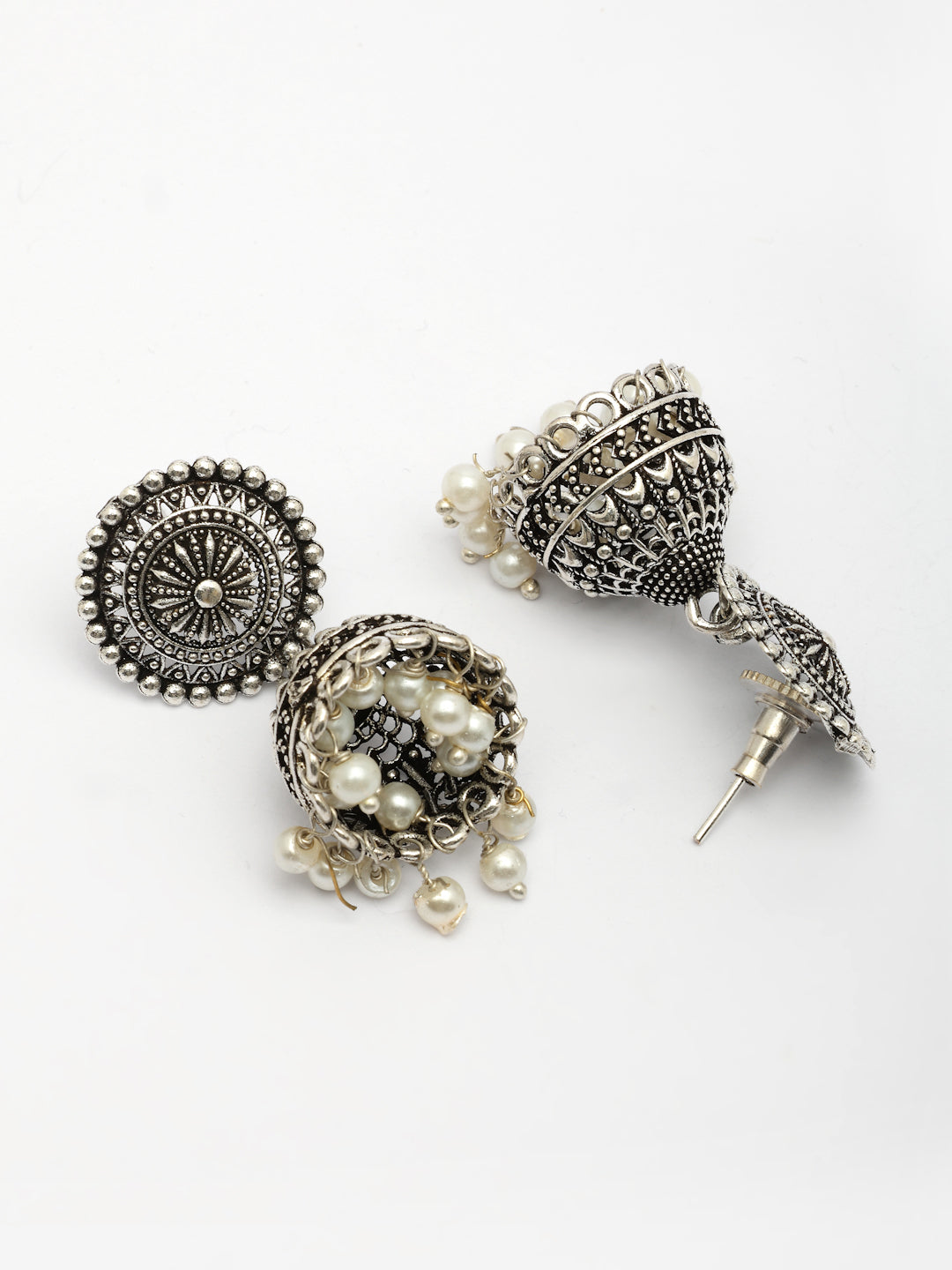 NVR Women's Oxidized Silver Plated White Artificial Beads Jhumka Earrings | Grab2Buy