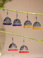 NVR Women's Pair of 3 Oxidized Silver Plated Multicolor Artificial Beads Jhumka Earrings | Grab2Buy
