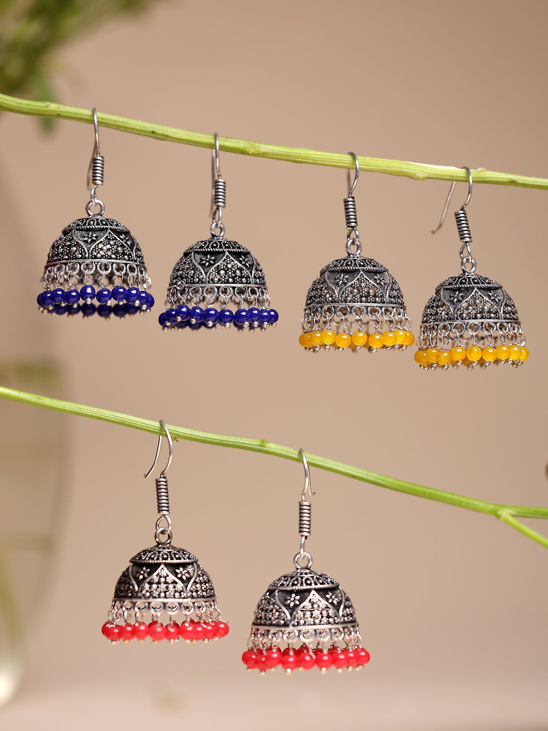 NVR Women's Pair of 3 Oxidized Silver Plated Multicolor Artificial Beads Jhumka Earrings | Grab2Buy