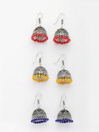 NVR Women's Pair of 3 Oxidized Silver Plated Multicolor Artificial Beads Jhumka Earrings | Grab2Buy