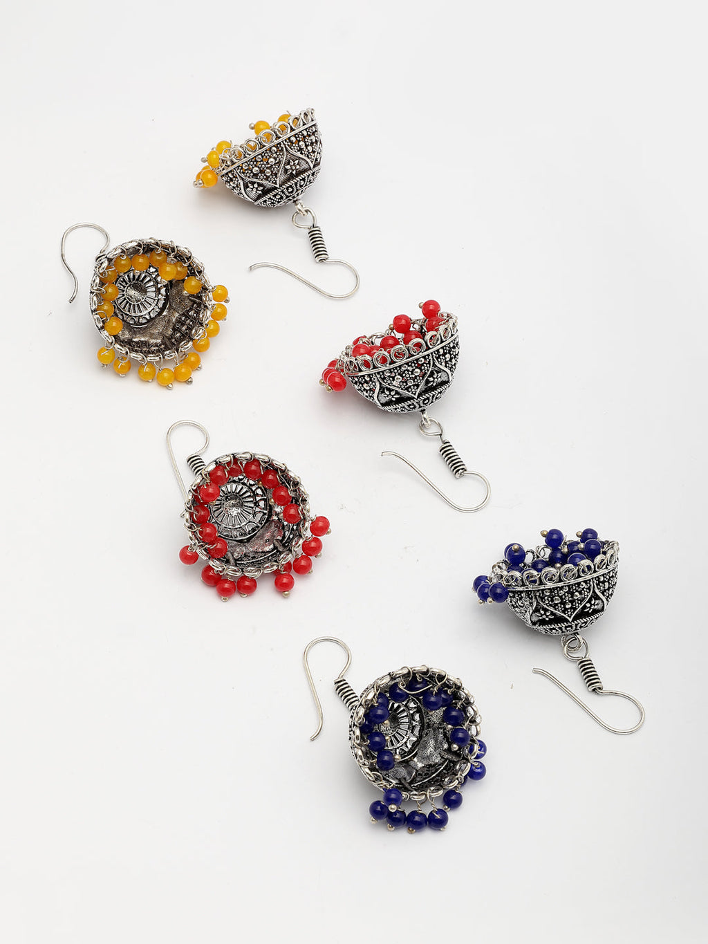 NVR Women's Pair of 3 Oxidized Silver Plated Multicolor Artificial Beads Jhumka Earrings | Grab2Buy