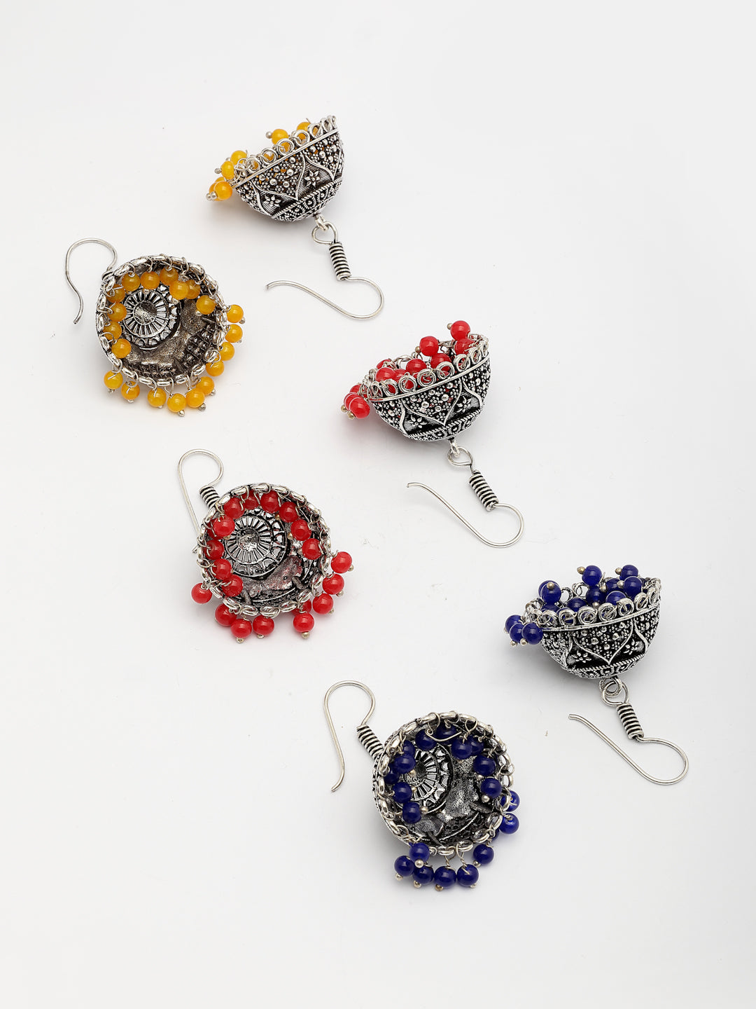 NVR Women's Pair of 3 Oxidized Silver Plated Multicolor Artificial Beads Jhumka Earrings | Grab2Buy
