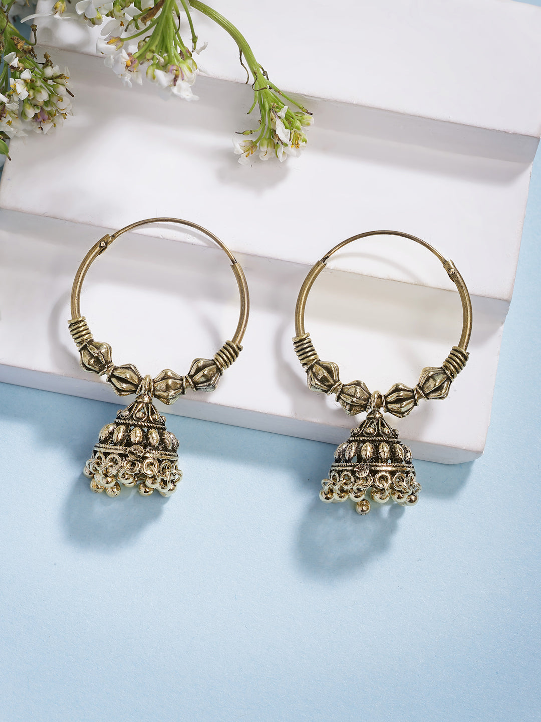 NVR Women's Set of 2 Traditional Gold-Polished Oxidized Jhumka Earrings | Grab2Buy