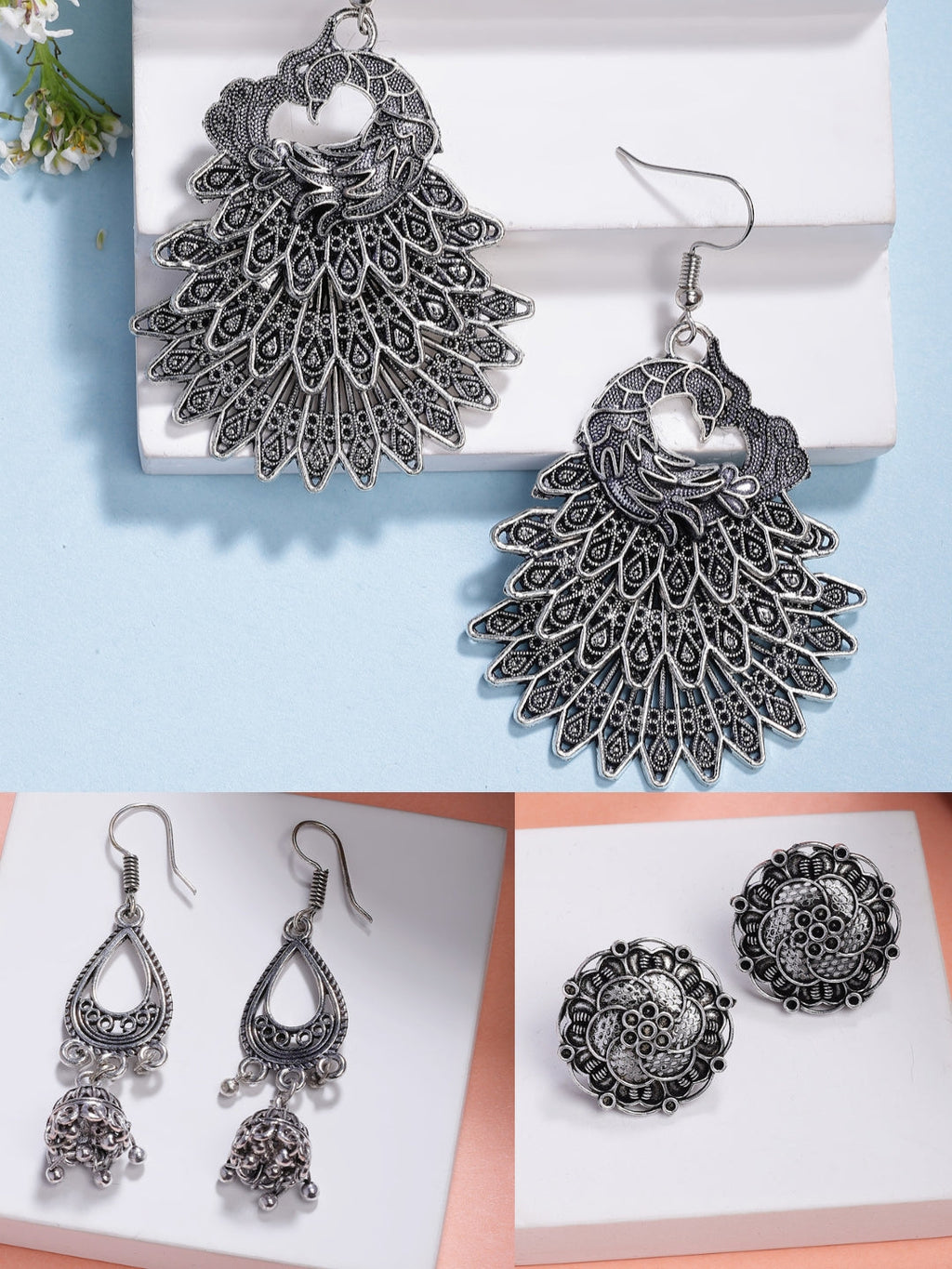 NVR Women's Set of 3 Silver Plated Oxidized Fashion Traditional Earrings | Grab2Buy