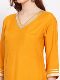 Myshka Women's Yellow Printed Silk Blend 3/4 Sleeve V Neck Casual Kurta Dupatta Set | Grab2Buy