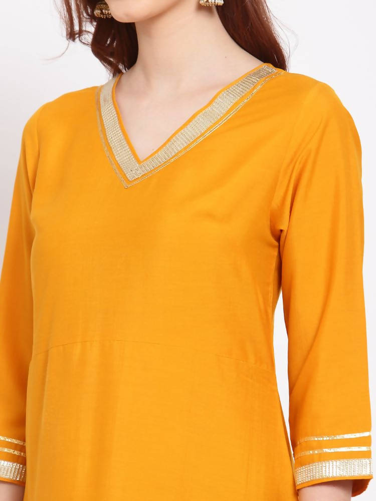 Myshka Women's Yellow Printed Silk Blend 3/4 Sleeve V Neck Casual Kurta Dupatta Set | Grab2Buy