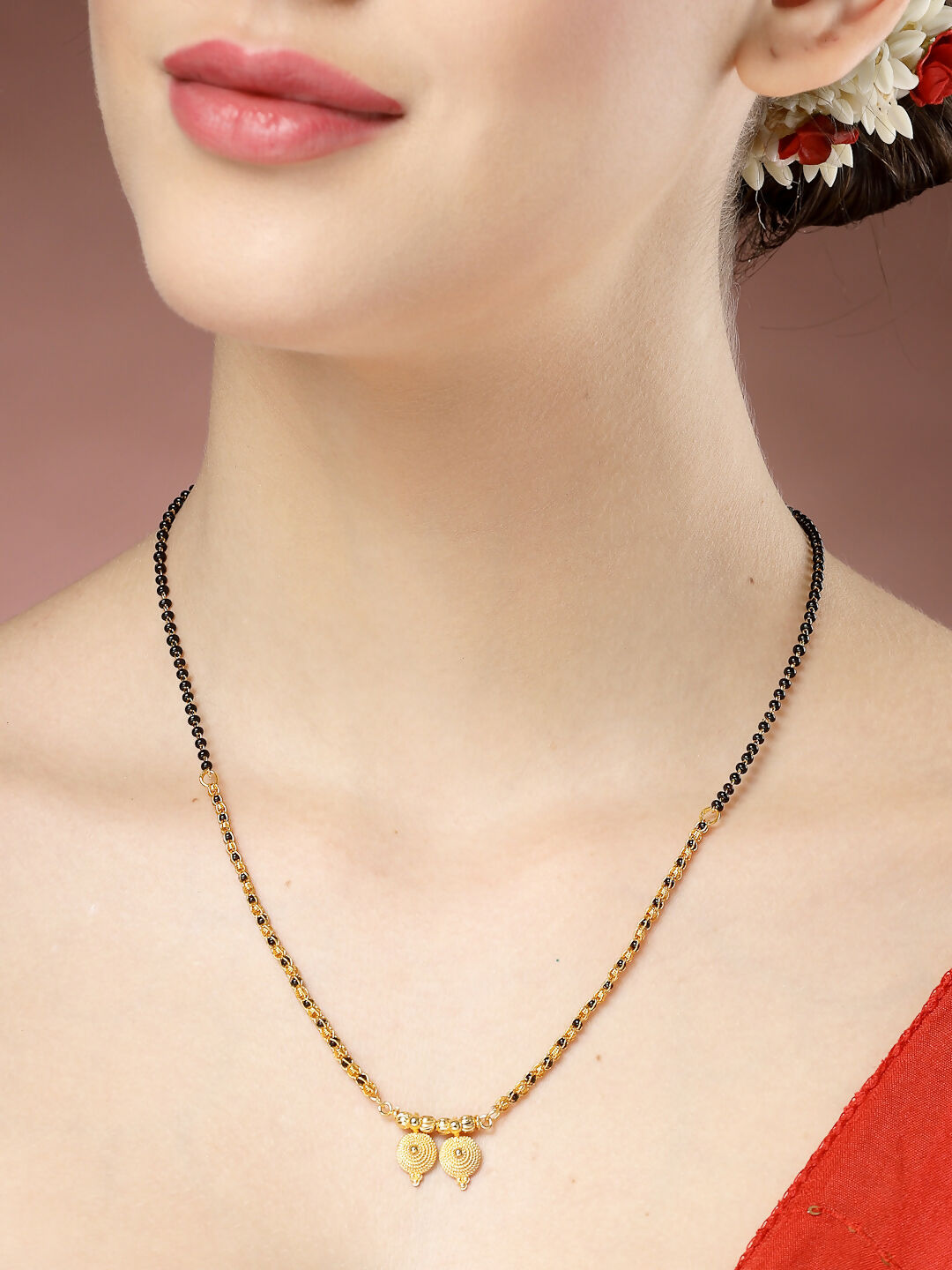 NVR Women's Set of 5 Gold-Polished Black Beaded Mangalsutra