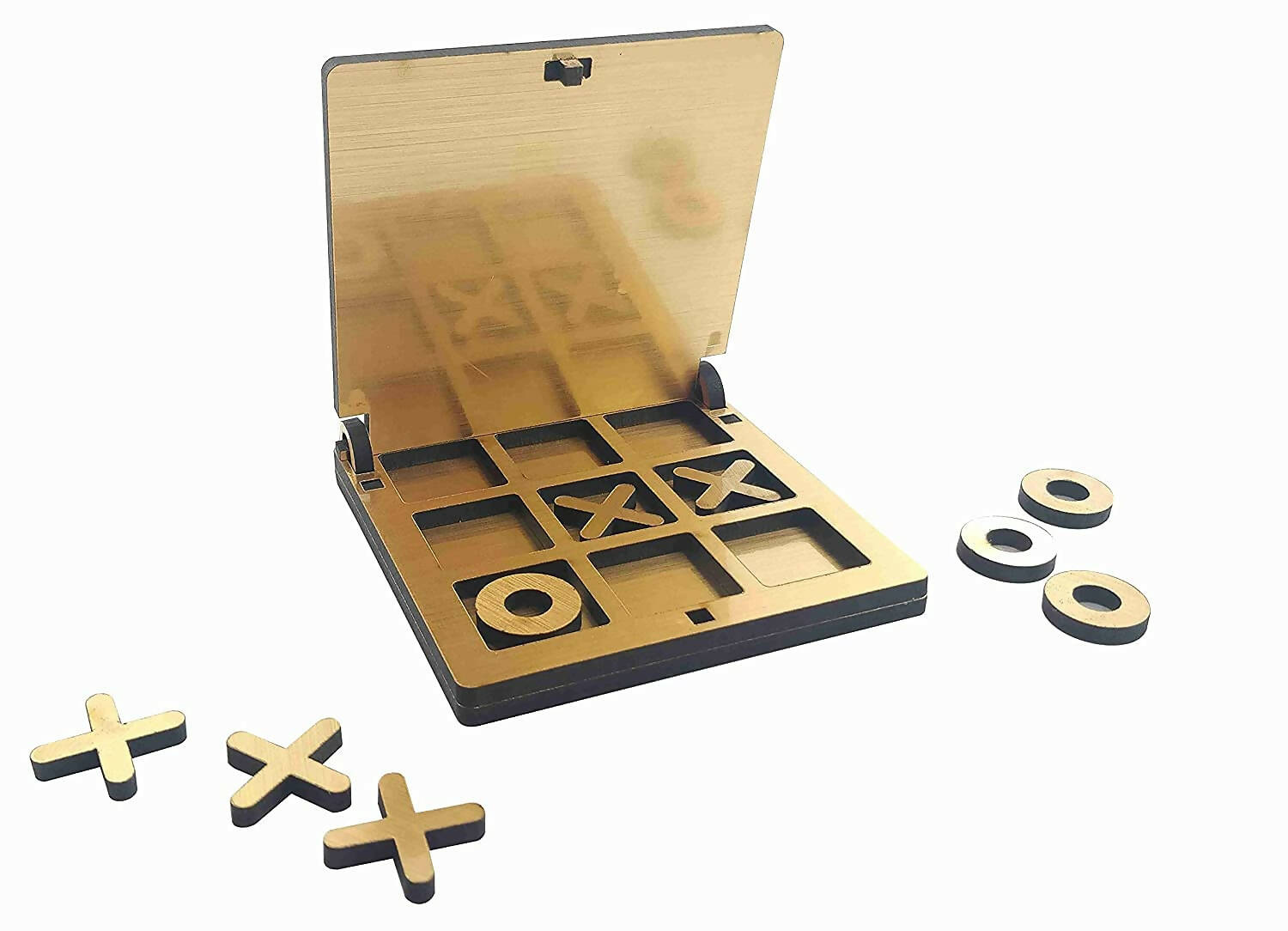 Kraftsman Wooden Tic Tac Toe Portable Game for Kids, Teens and Adults with Golden Mirror Shade Strategy & War Games Board Game | Grab2Buy