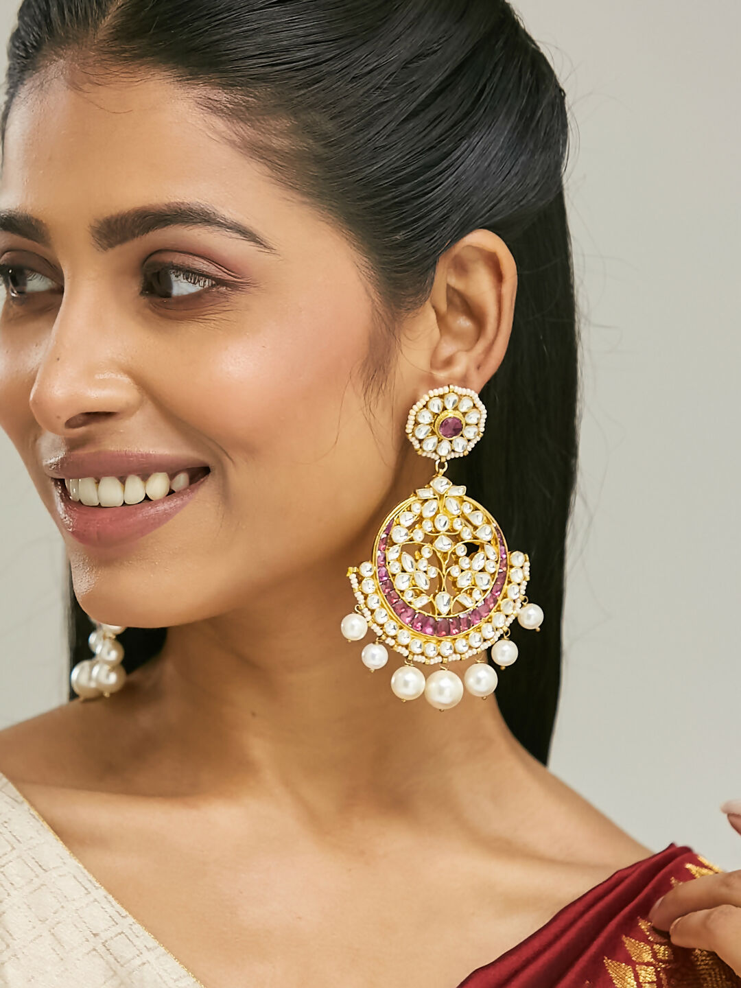 Nuyug 22K Gold-Plated Elegant Ruby & Kundan Stone Studded With Pearl Beaded Floral Chandbalis | Grab2Buy