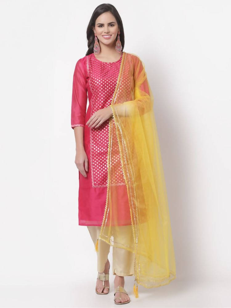 Myshka Women's Cotton Printed 3/4 Sleeve Round Neck Casual Dark Pink Kurta Pant Dupatta Set | Grab2Buy