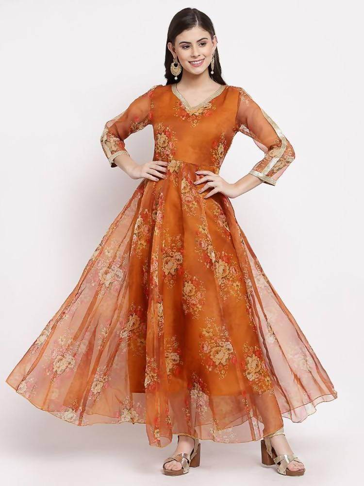 Myshka Women's Brown Organza Printed 3/4 Sleeve V Neck Casual Anarkali Dress | Grab2Buy