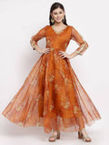 Myshka Women's Brown Organza Printed 3/4 Sleeve V Neck Casual Anarkali Dress | Grab2Buy