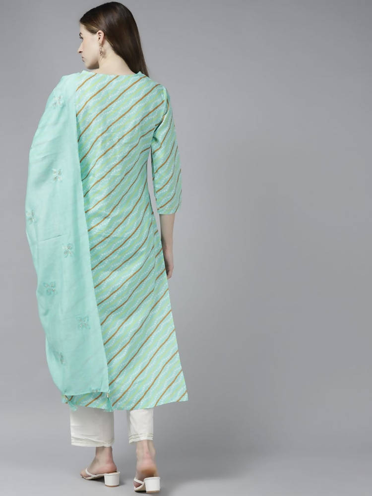 Yufta Women Green Bandhani Yoke Design Pure Cotton Kurta with Palazzo and Dupatta | Grab2Buy