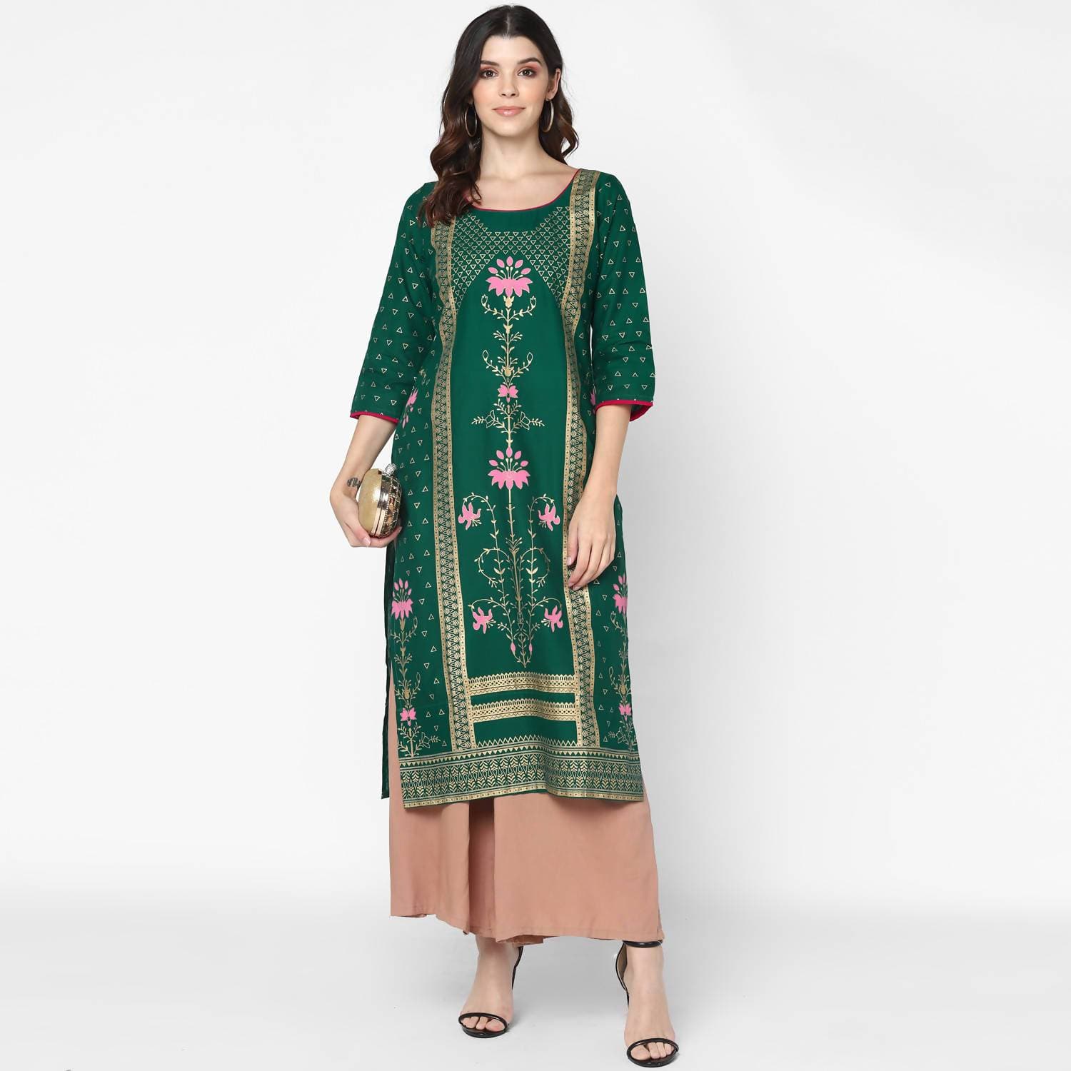 Cheera Hand Block Print Green Straight Kurta (MAAI-063K) | Grab2Buy