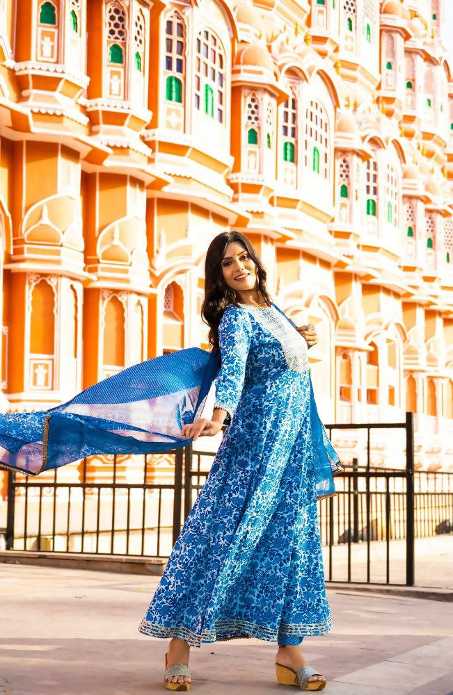 Yufta Women Blue Printed Pure Cotton Anarkali Kurta with Trouser & With Dupatta | Grab2Buy