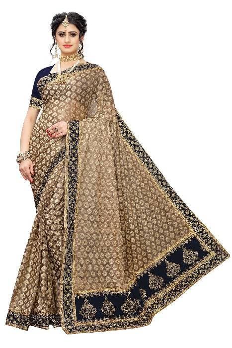 Vamika Brown and Black Terry Cotton Embroidery Saree (JHApartyRMAR NAVY) | Grab2Buy