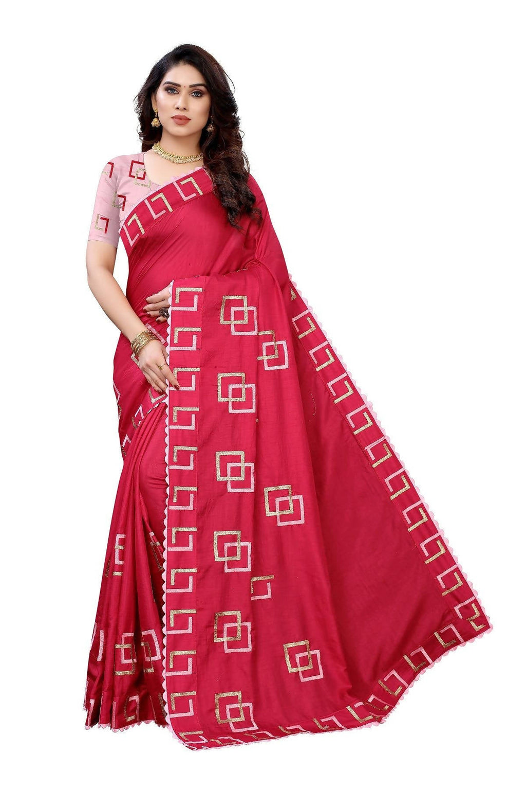 Vamika Red Dola Silk Embroidery Saree (MESHVI PINK) | Grab2Buy