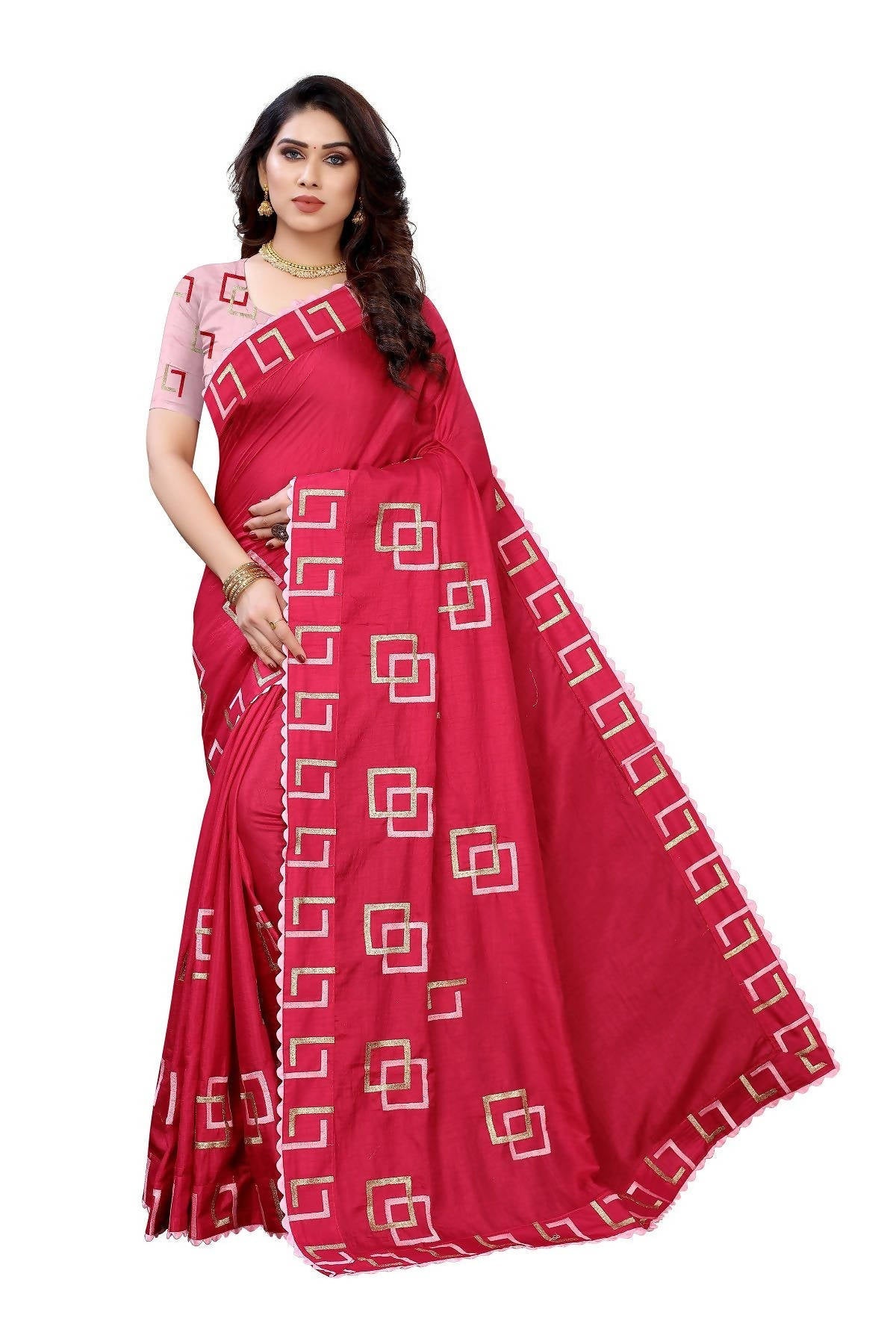Vamika Red Dola Silk Embroidery Saree (MESHVI PINK) | Grab2Buy