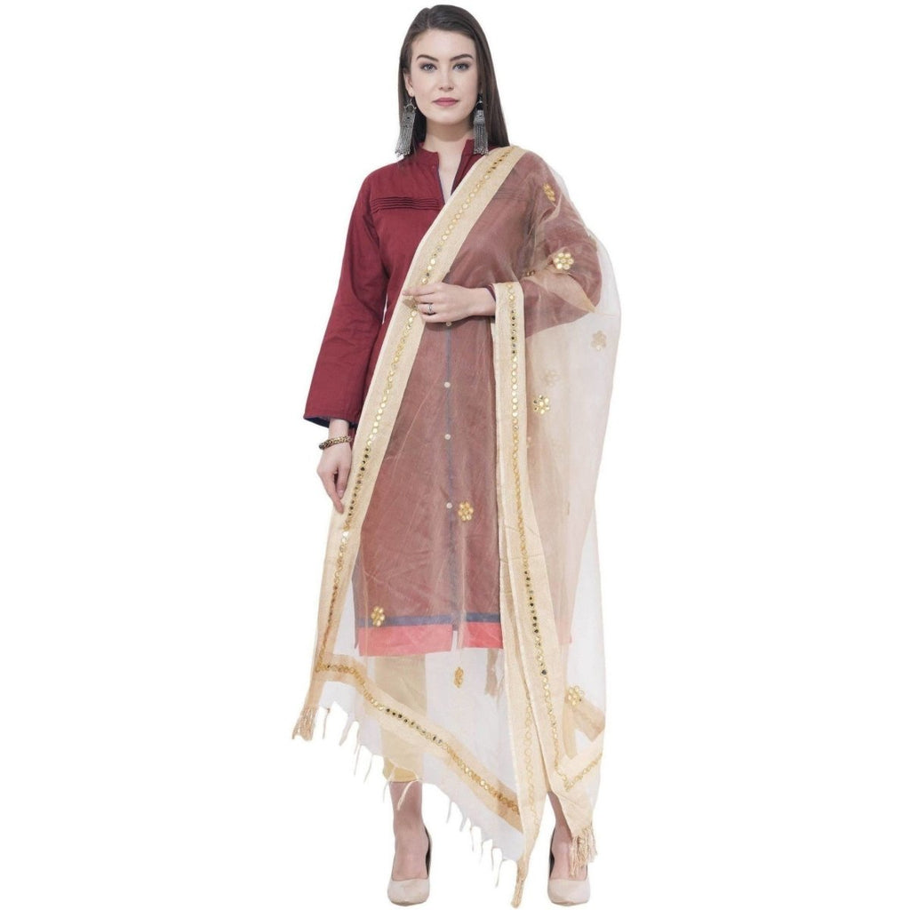 A R Silk Light Golden Color Flower Mirror Orgenza Cotton Dupattas and Chunnis | Grab2Buy