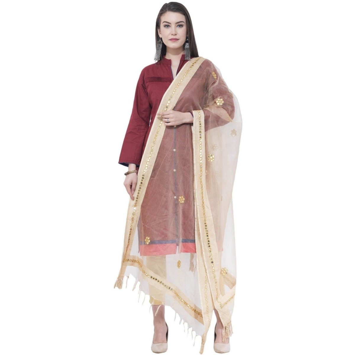 A R Silk Light Golden Color Flower Mirror Orgenza Cotton Dupattas and Chunnis | Grab2Buy
