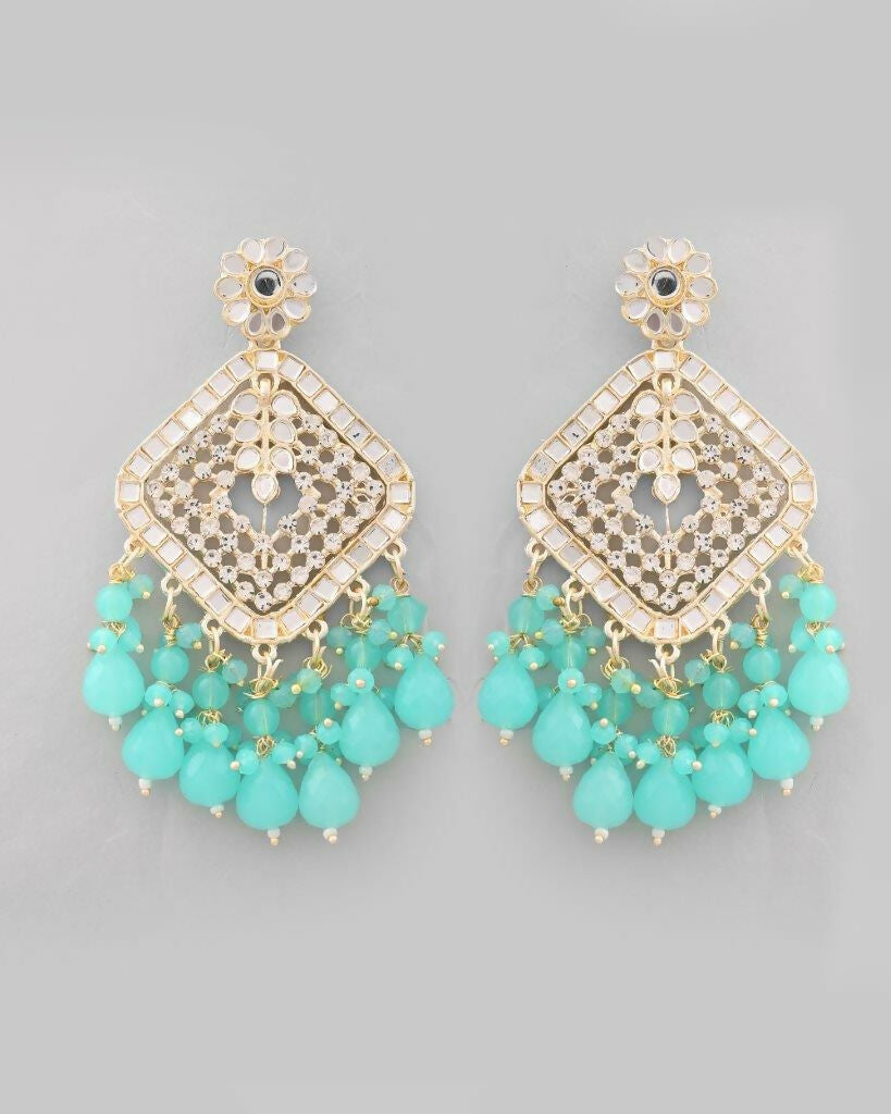 VOJ Gold-Polished Kundan And Teal Stone Studded Drop Earrings | Grab2Buy