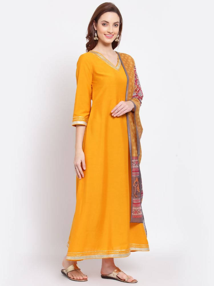 Myshka Women's Yellow Printed Silk Blend 3/4 Sleeve V Neck Casual Kurta Dupatta Set | Grab2Buy