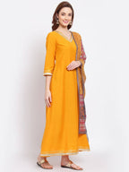 Myshka Women's Yellow Printed Silk Blend 3/4 Sleeve V Neck Casual Kurta Dupatta Set | Grab2Buy